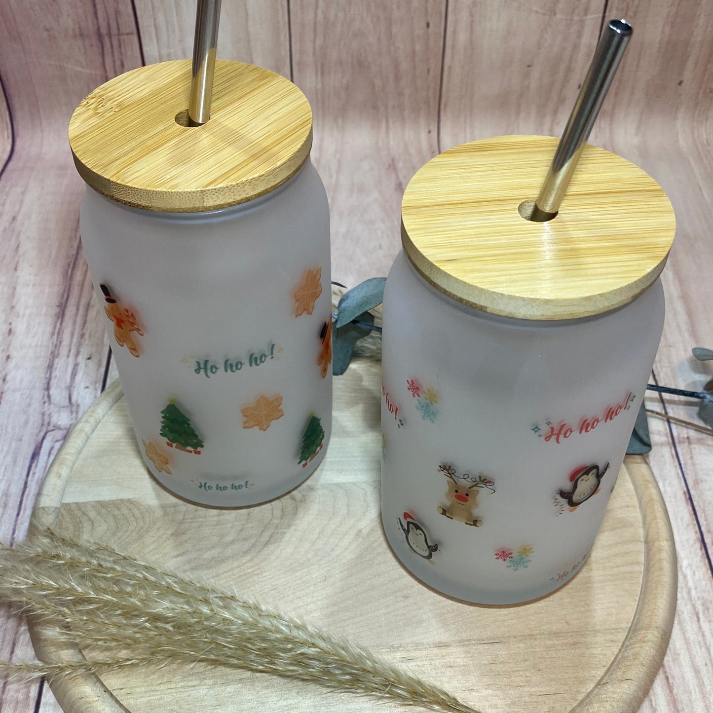 Trinkglas mit Rentiermotiv (inkl. Bambusdeckel und Strohhalm)