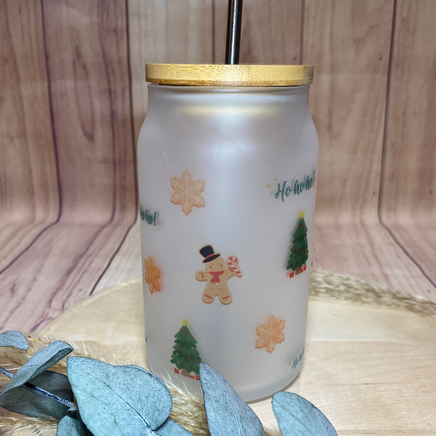 Trinkglas mit Lebkuchenmotiv (inkl. Bambusdeckel und Strohhalm)