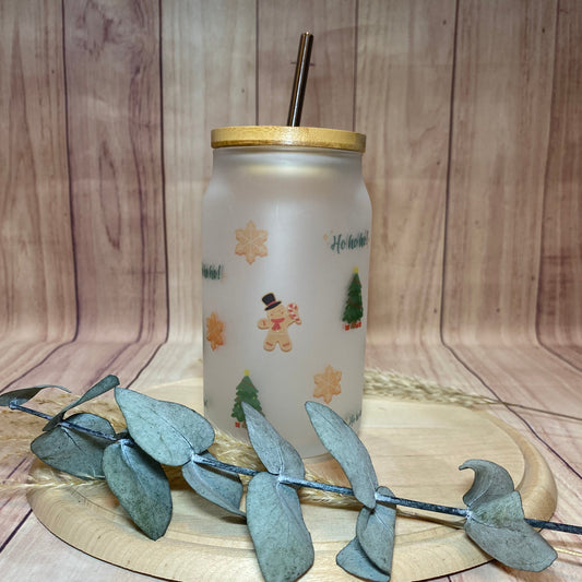 Trinkglas mit Weihnachtsmotiv (inkl. Bambusdeckel und Strohhalm)