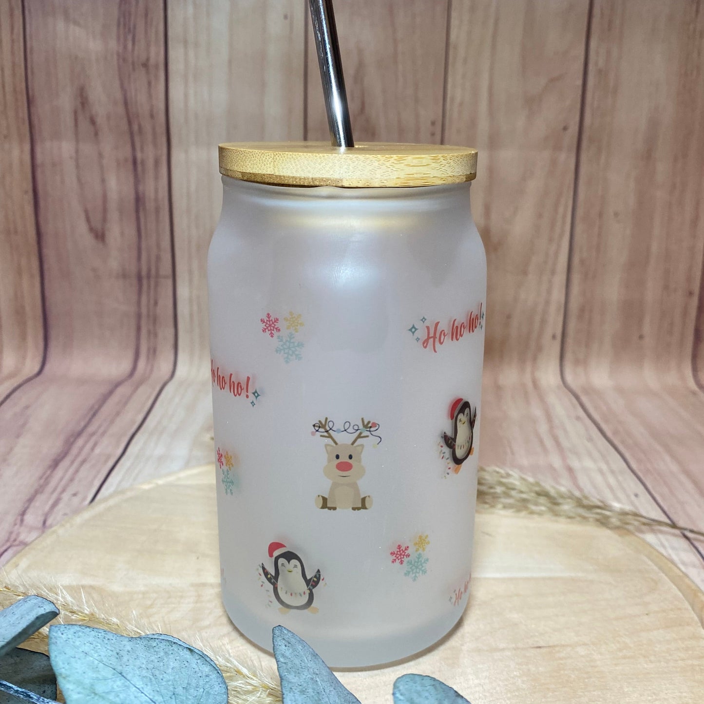 Trinkglas mit Rentiermotiv (inkl. Bambusdeckel und Strohhalm)