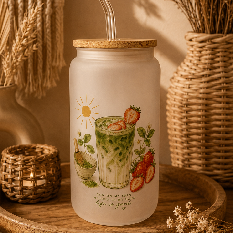 Matcha Latte Trinkglas mit Bambusdeckel