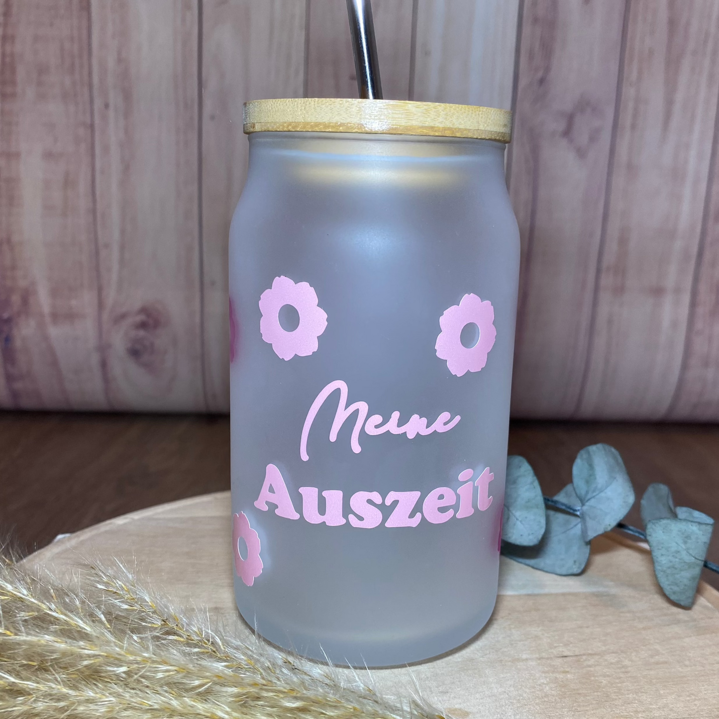 "Meine Auszeit" Glas mit Farbverlauf bei eisgekühlten Getränken. Inkl. Bambusdeckel und Strohhalm