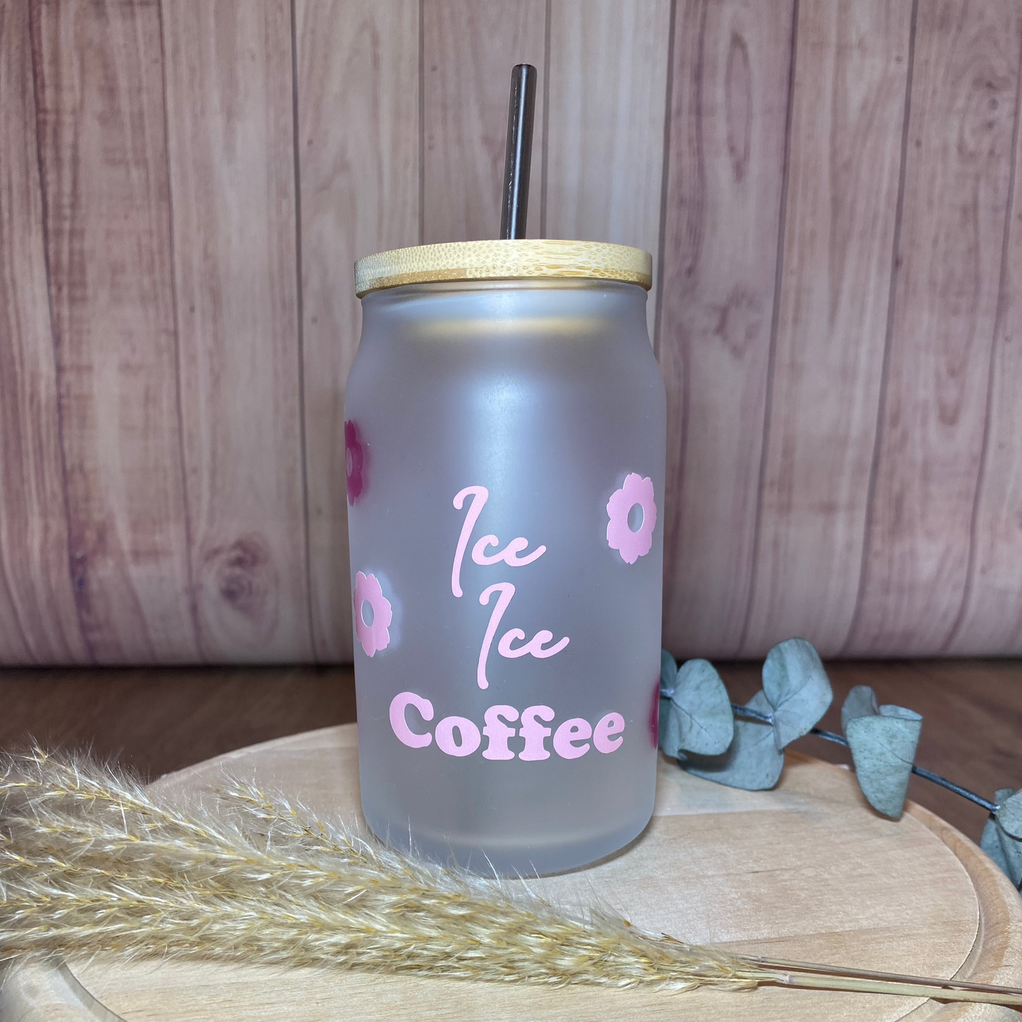 "Ice Ice Coffee" Glas mit Farbverlauf bei eisgekühlten Getränken. Inkl. Bambusdeckel und Strohhalm