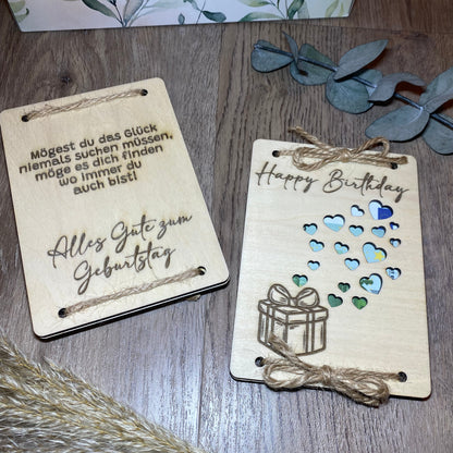 Geldgeschenk aus Holz Happy Birthday