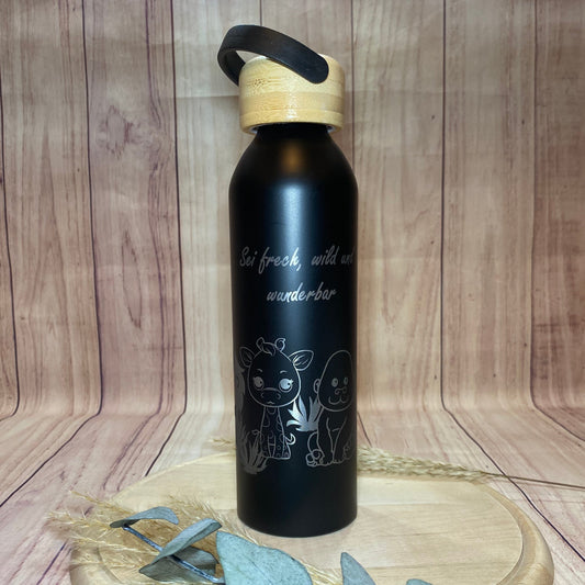 Edelstahlflasche in schwarz mit Safari Tiere