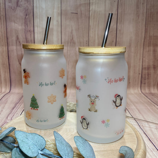 Trinkglas mit Weihnachtsmotiv (inkl. Bambusdeckel und Strohhalm)