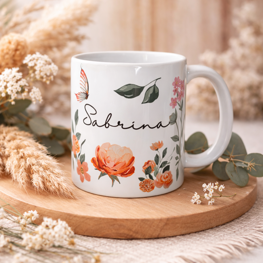 Tasse mit Namen und schönem Blumenmotiv