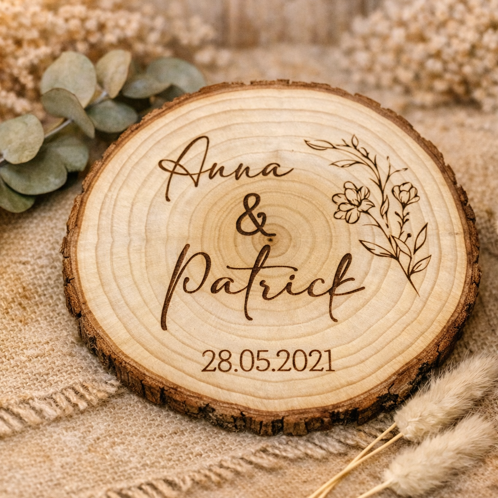 Personalisierte Holzscheibe zur Hochzeit