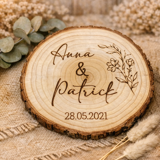 Personalisierte Holzscheibe zur Hochzeit