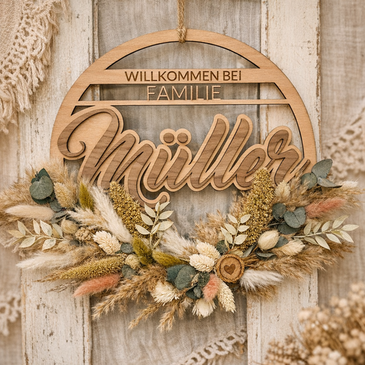 Personalisierter Familienkranz mit Trockenblumen in grün