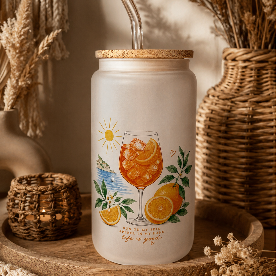 Aperol Trinkglas mit Bambusdeckel