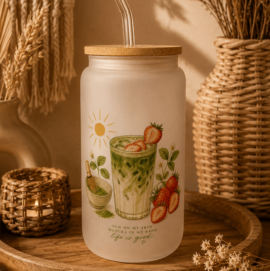 Matcha Latte Trinkglas mit Bambusdeckel