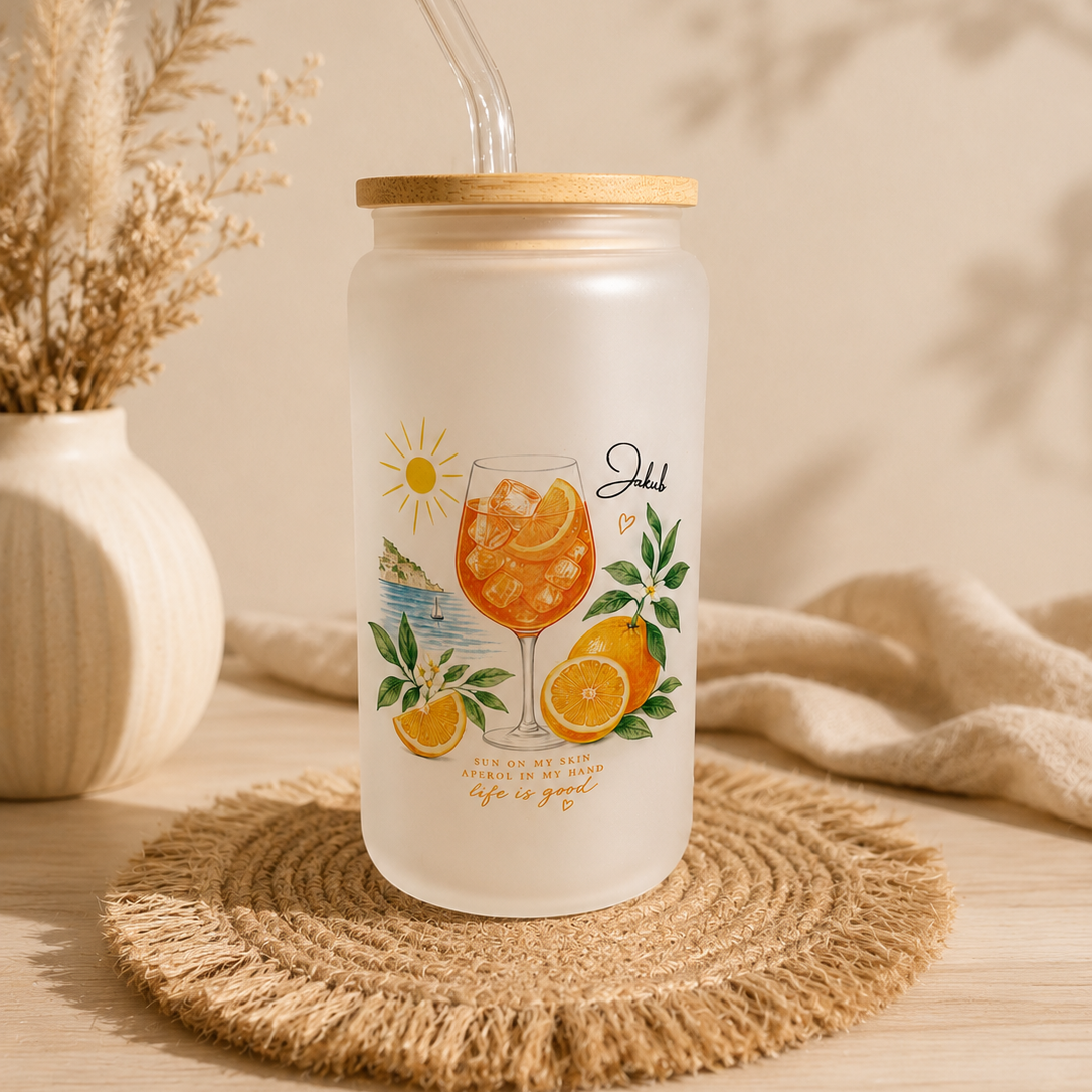 Aperol Trinkglas mit Bambusdeckel