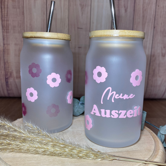 "Meine Auszeit" Glas mit Farbverlauf bei eisgekühlten Getränken. Inkl. Bambusdeckel und Strohhalm