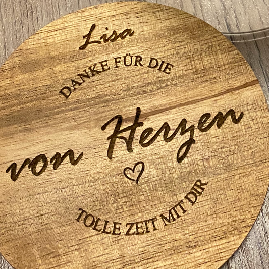 Personalisiertes Vorratsglas mit Holzdeckel. Als Abschiedsgeschenk für Erzieher, Lehrer, Freunde, Familie