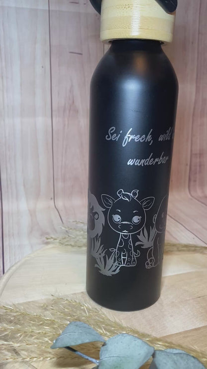 Edelstahlflasche in schwarz mit Safari Tiere